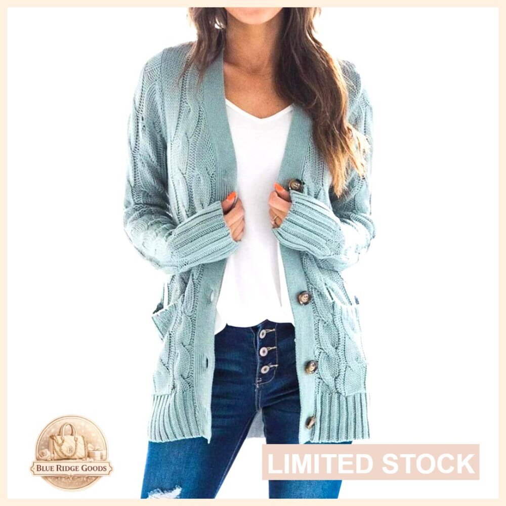 Cable Knit Cardigan Long Sleeve Open Front Button Down Sweater Coat